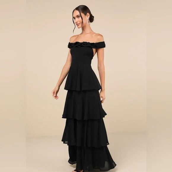 Lulus Delightful Essence Off-the-Shoulder Tiered
Maxi Dress, Black, Size S, NWT - Picture 4 of 16
